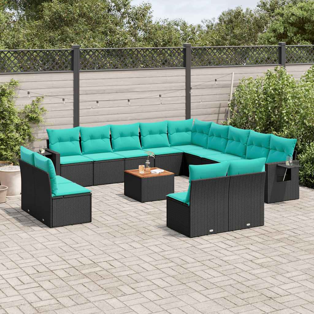 vidaXL 14-teiliges Gartensofa-Set mit Kissen, schwarzes Polyrattan
