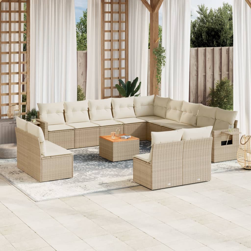 Havesofasæt i polyrattan 14 dele med hynder og sidebord - beige