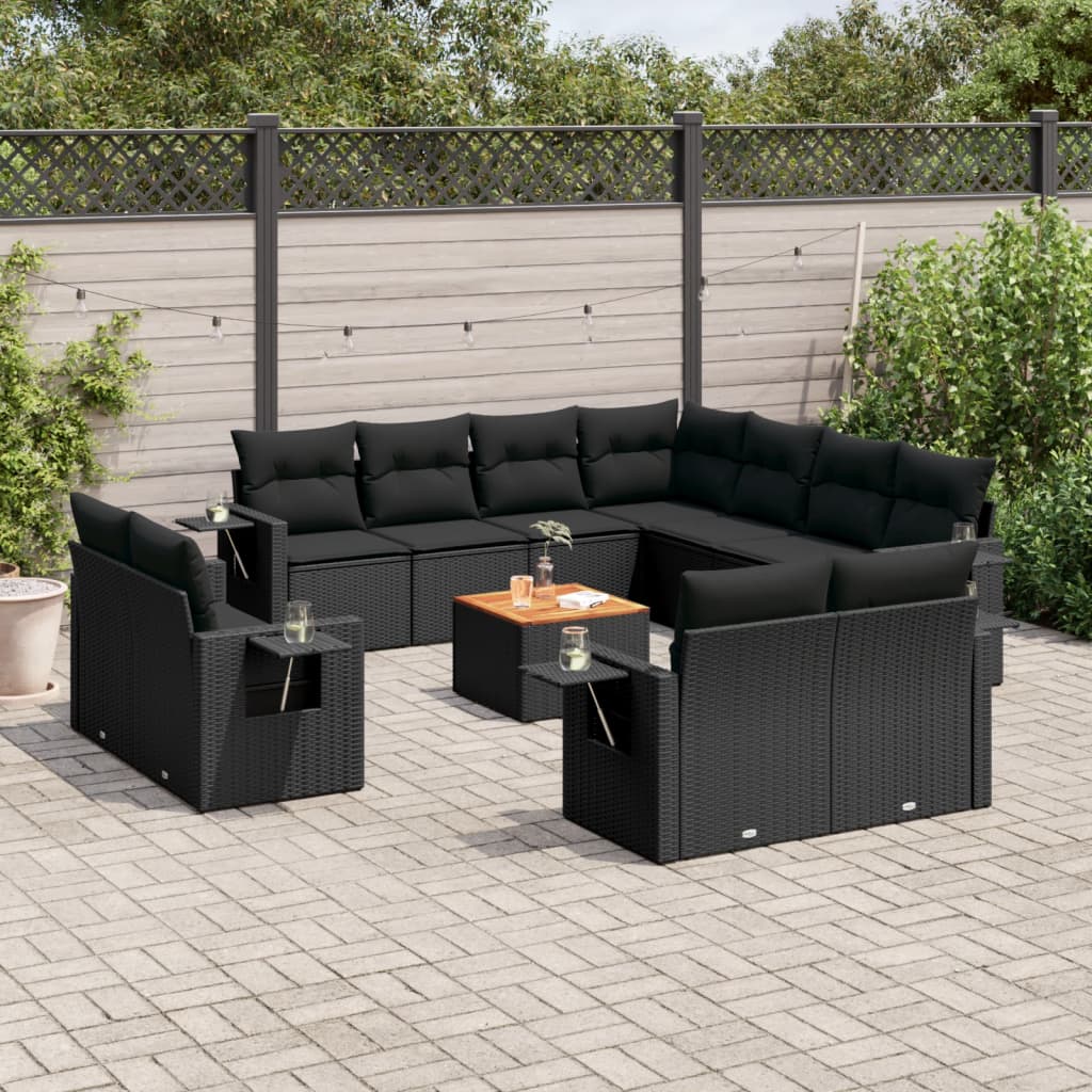 vidaXL 12-tlg. Garten-Sofagarnitur mit Kissen Schwarz Poly Rattan