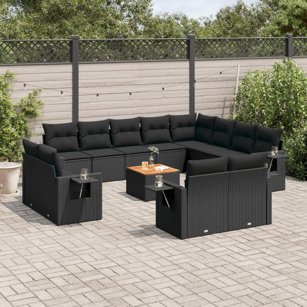 vidaXL 13 Piece Garden Sofa Set with Cushions Black Poly Rattan