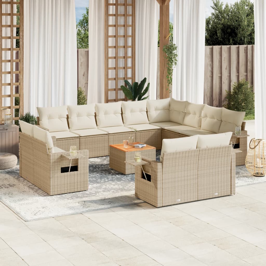 13-tlg. Garten-Sofagarnitur mit Kissen Beige Poly Rattan