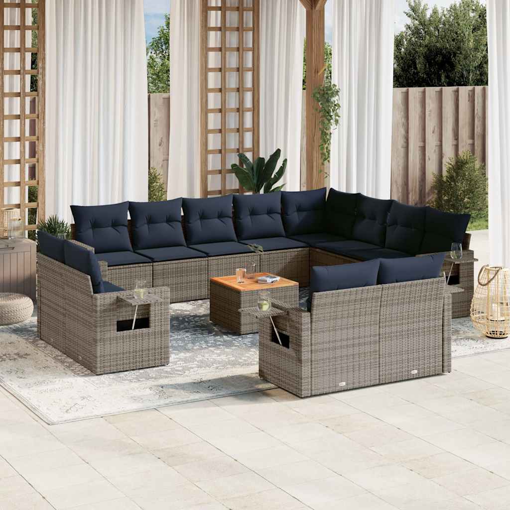 vidaXL 13-teiliges Gartensofa-Set mit Kissen, grau, Polyrattan