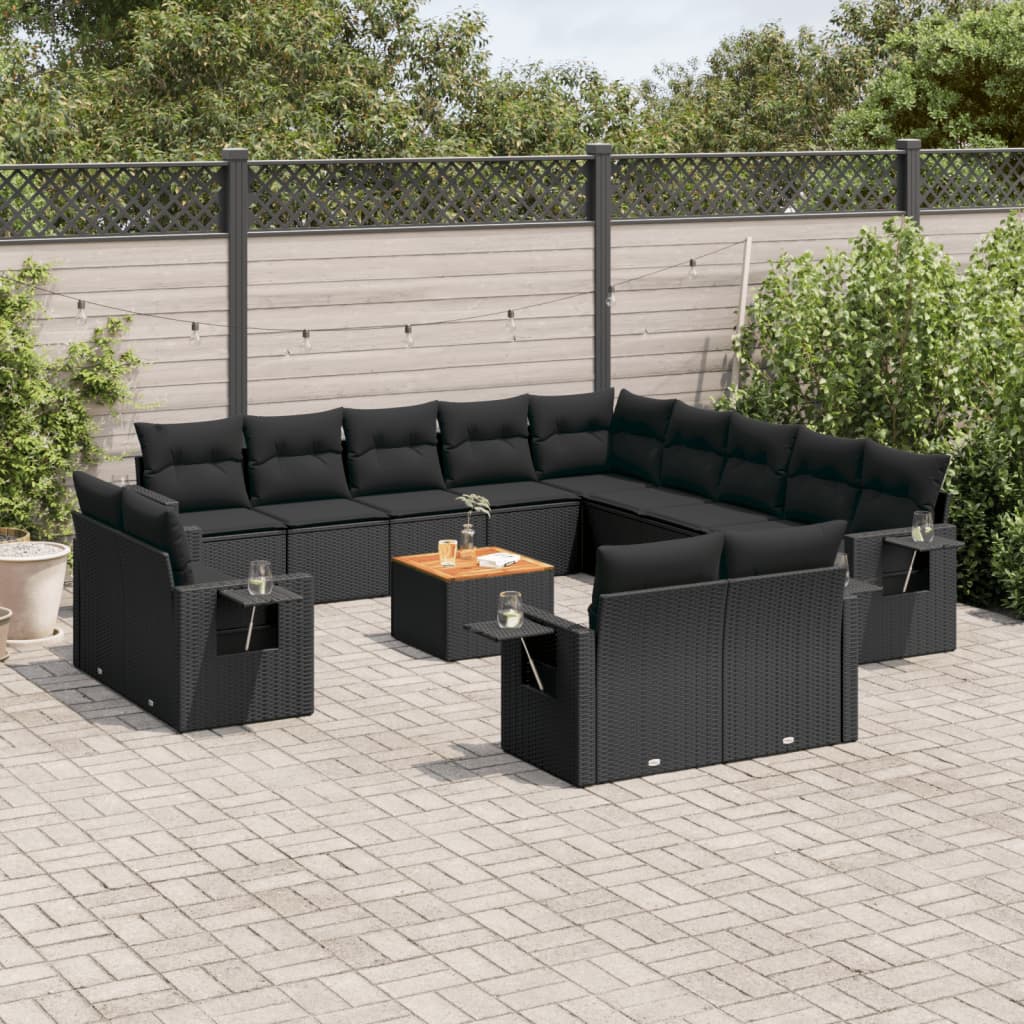 vidaXL 14-tlg. Garten-Sofagarnitur mit Kissen Schwarz Poly Rattan