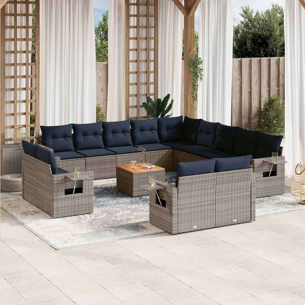 Loungesæt i polyrattan med hynder - grå/marineblå, 14 dele