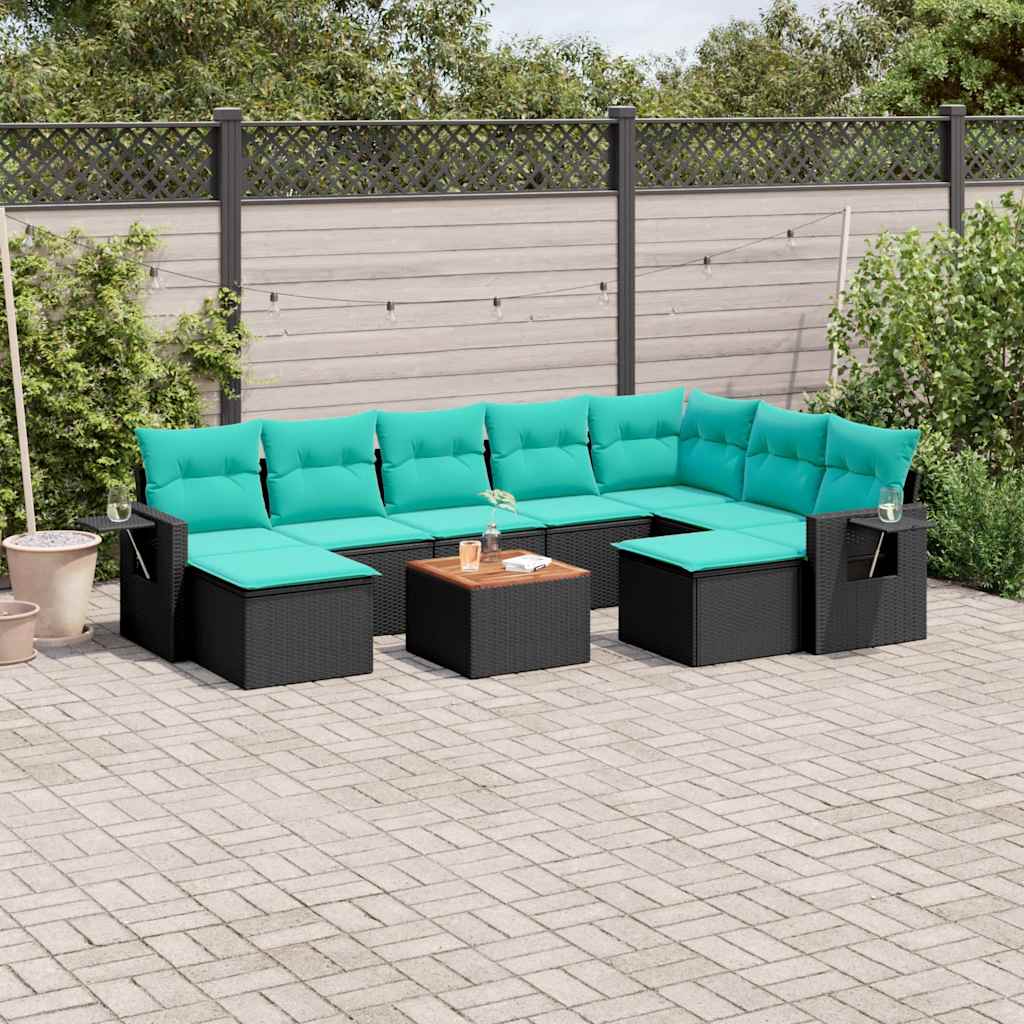 vidaXL 10-teiliges Gartensofa-Set mit Kissen, schwarzes Polyrattan