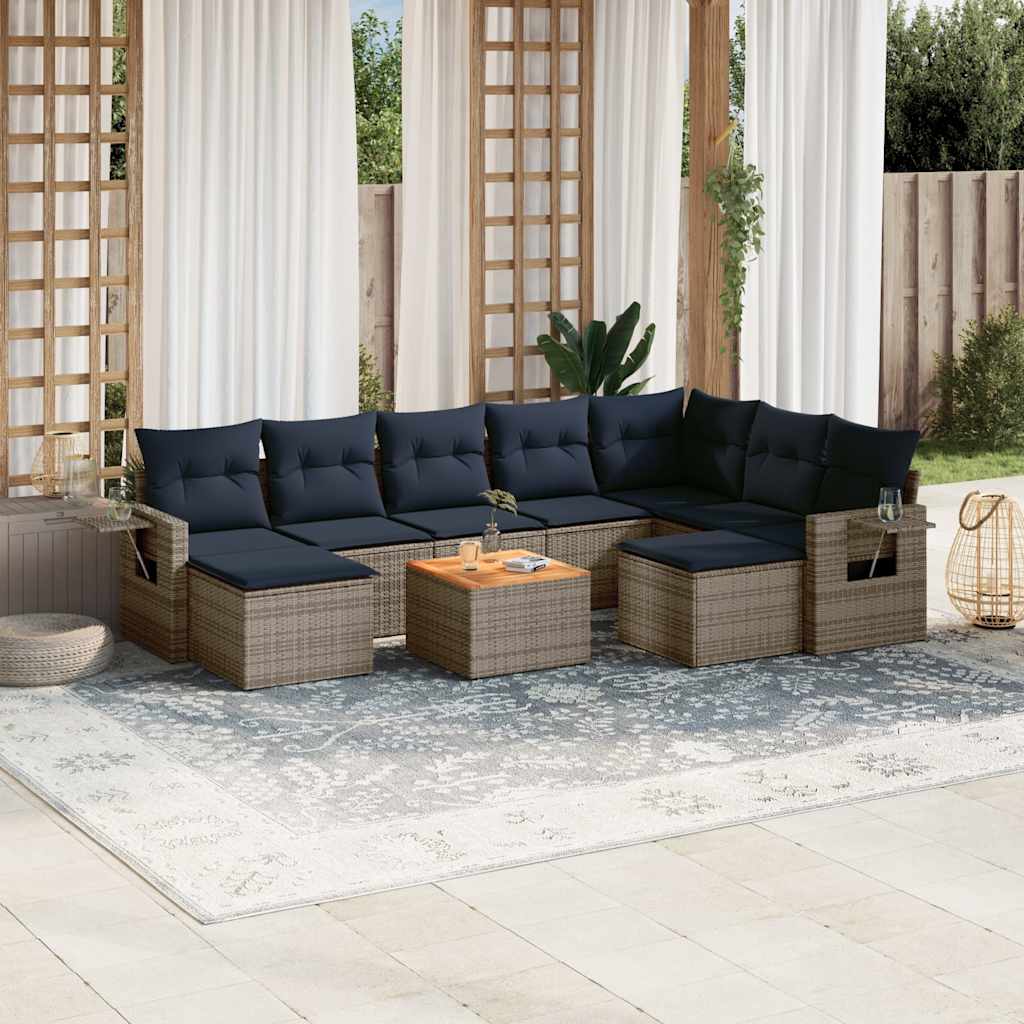 Havesofasæt i grå polyrattan - 10 dele med marineblå hynder