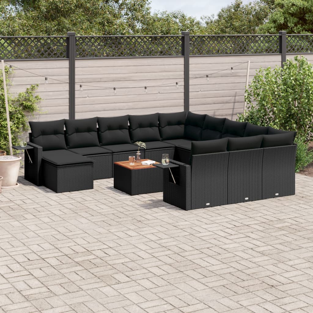 vidaXL 13 Piece Garden Sofa Set with Cushions Black Poly Rattan