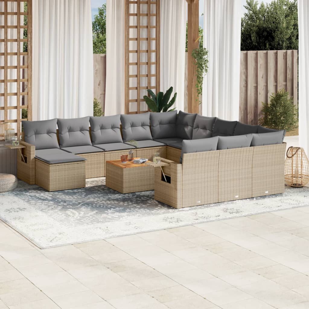 Set Divano da Giardino 13 pz con Cuscini Beige in Polyrattan