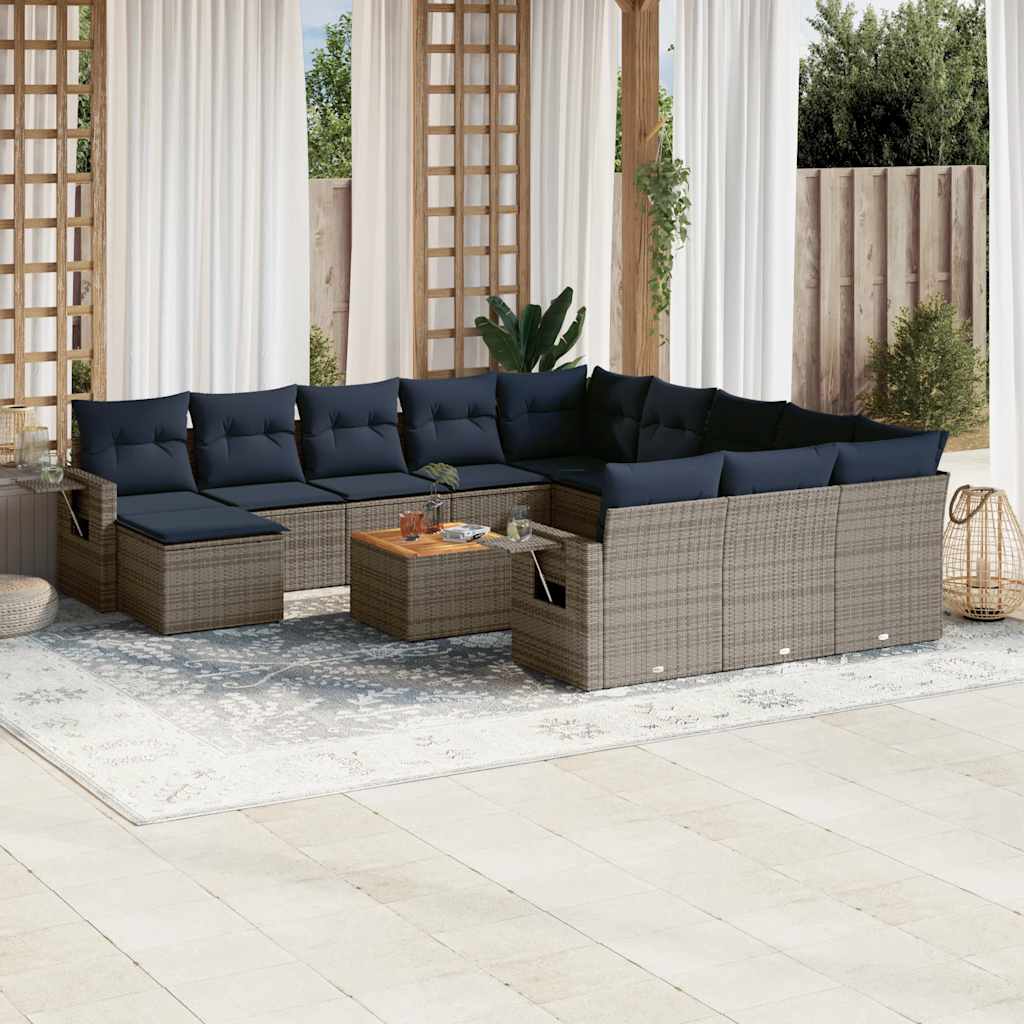 vidaXL 13-teiliges Gartensofa-Set mit Kissen, grau, Polyrattan