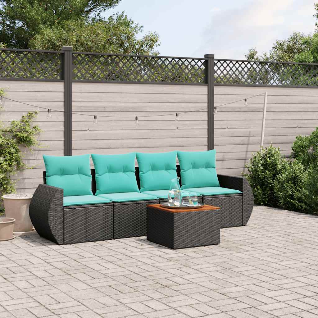 vidaXL 5-teiliges Gartensofa-Set mit Kissen, schwarzes Polyrattan
