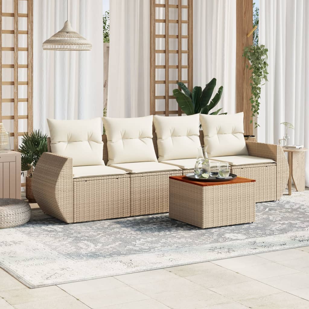 vidaXL 5-tlg. Garten-Sofagarnitur mit Kissen Beige Poly Rattan