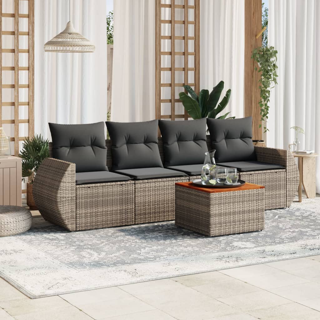 5-tlg. Garten-Sofagarnitur mit Kissen Grau Poly Rattan