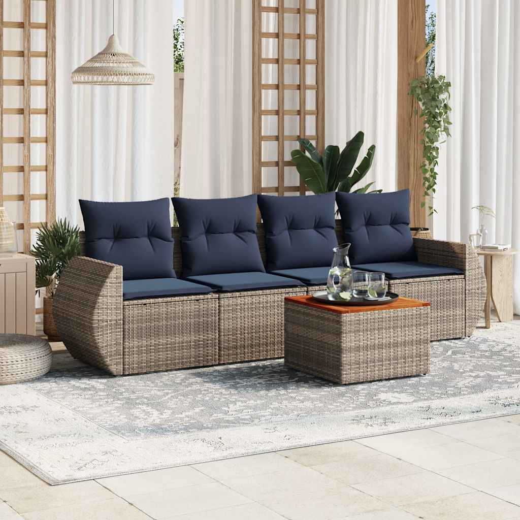 Havesofasæt i 5 dele med hynder - grå polyrattan, marineblå puder