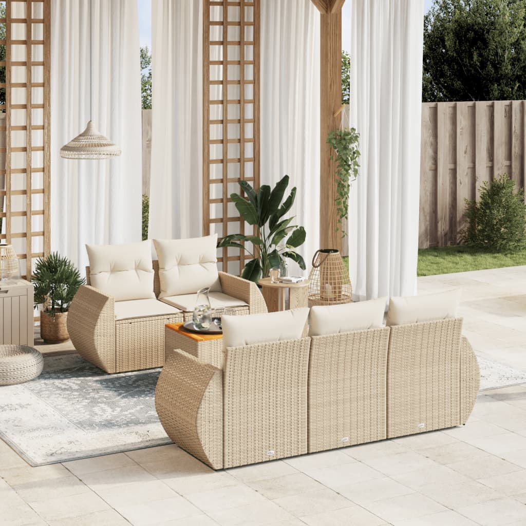 vidaXL 6-tlg. Garten-Sofagarnitur mit Kissen Beige Poly Rattan