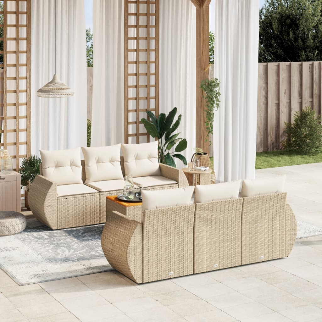 vidaXL 7-tlg. Garten-Sofagarnitur mit Kissen Beige Poly Rattan