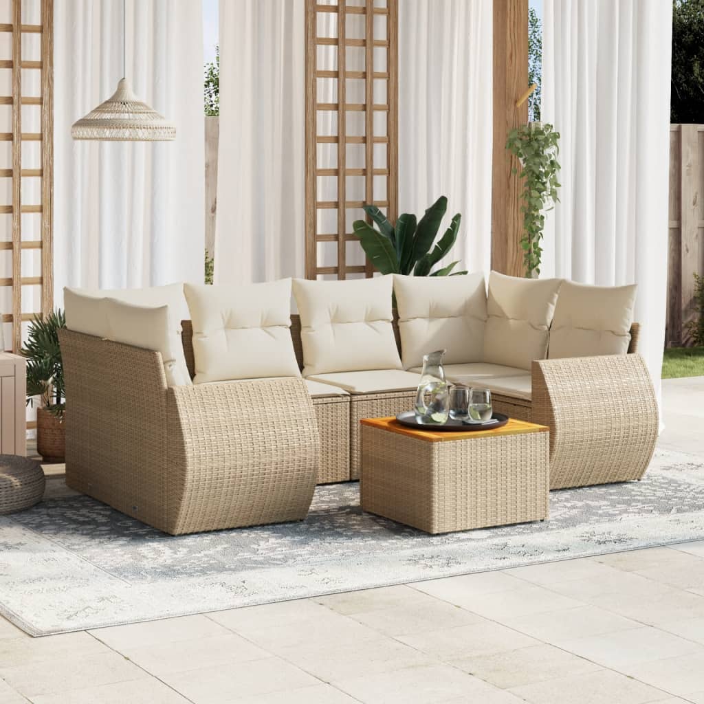 vidaXL 7-tlg. Garten-Sofagarnitur mit Kissen Beige Poly Rattan