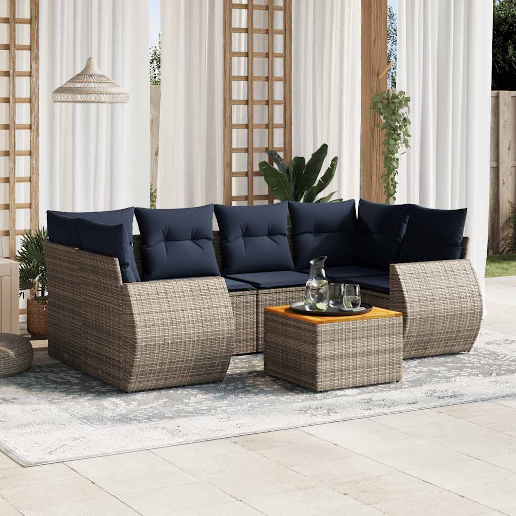 Havesofasæt i grå polyrattan - 7 dele med marineblå hynder
