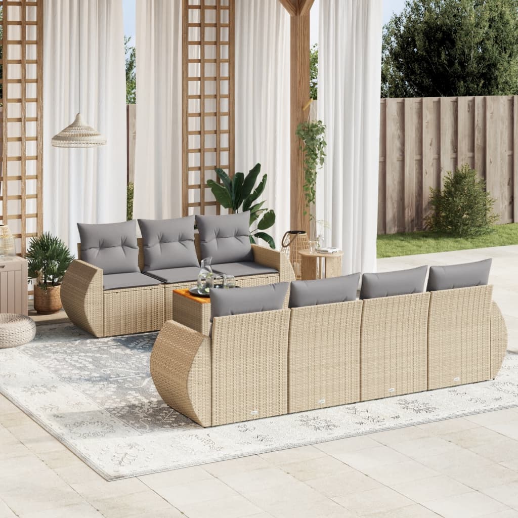 8-tlg. Garten-Sofagarnitur mit Kissen Beige Poly Rattan