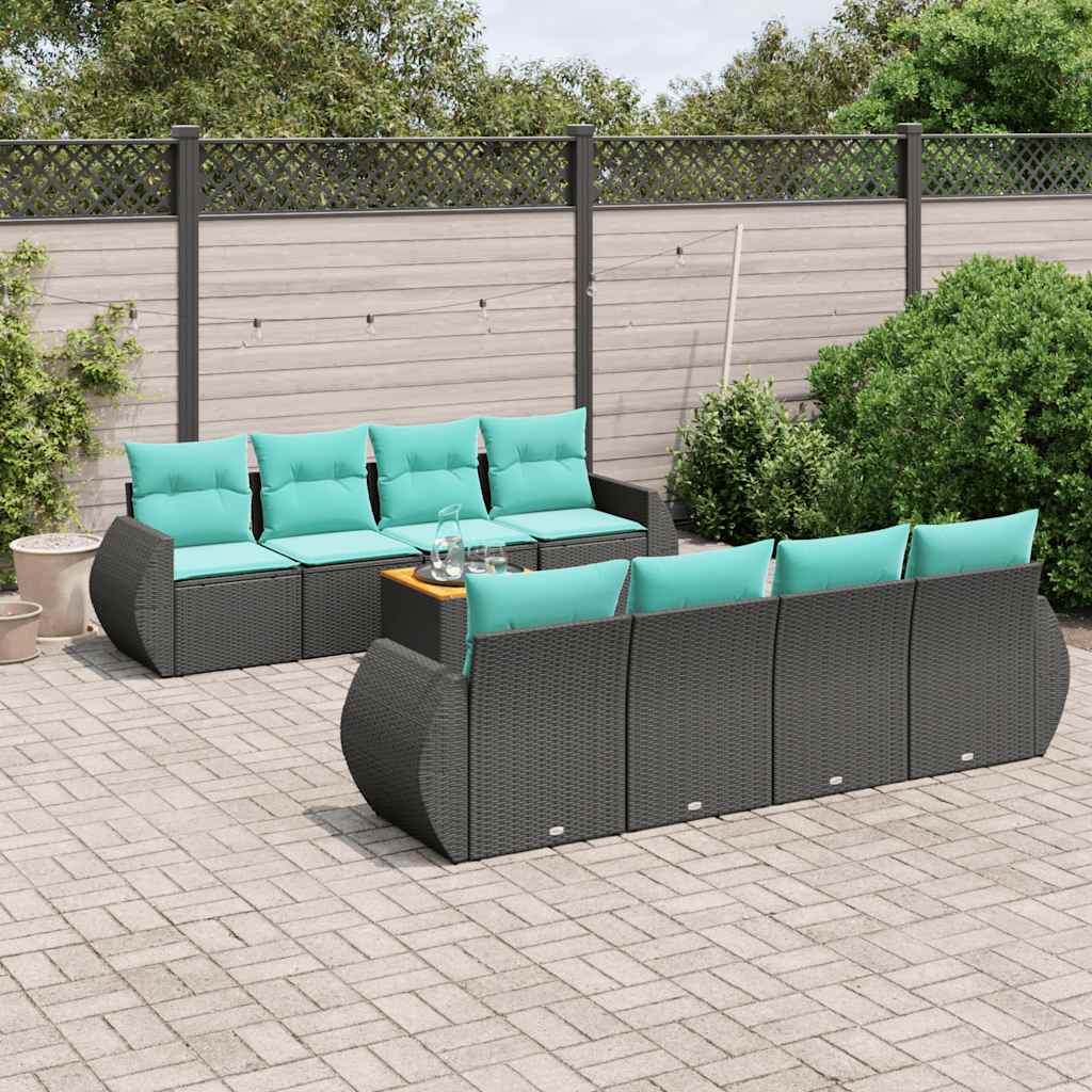 9 Piece Patio Sofa Set with Cushions Black Poly Rattan