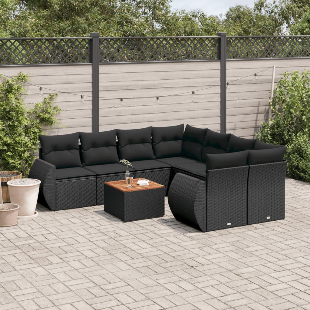 9-tlg. Garten-Sofagarnitur mit Kissen Schwarz Poly Rattan