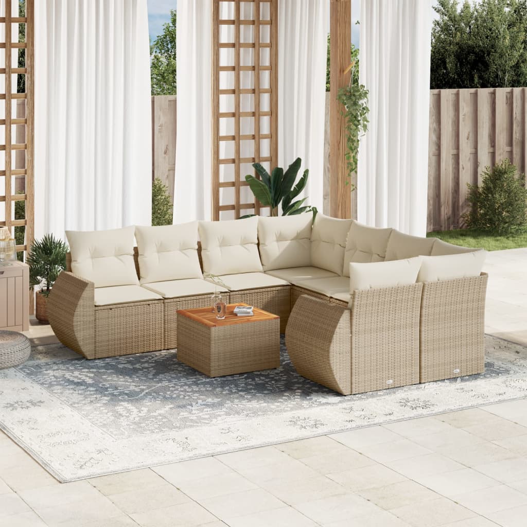 vidaXL 9-tlg. Garten-Sofagarnitur mit Kissen Beige Poly Rattan