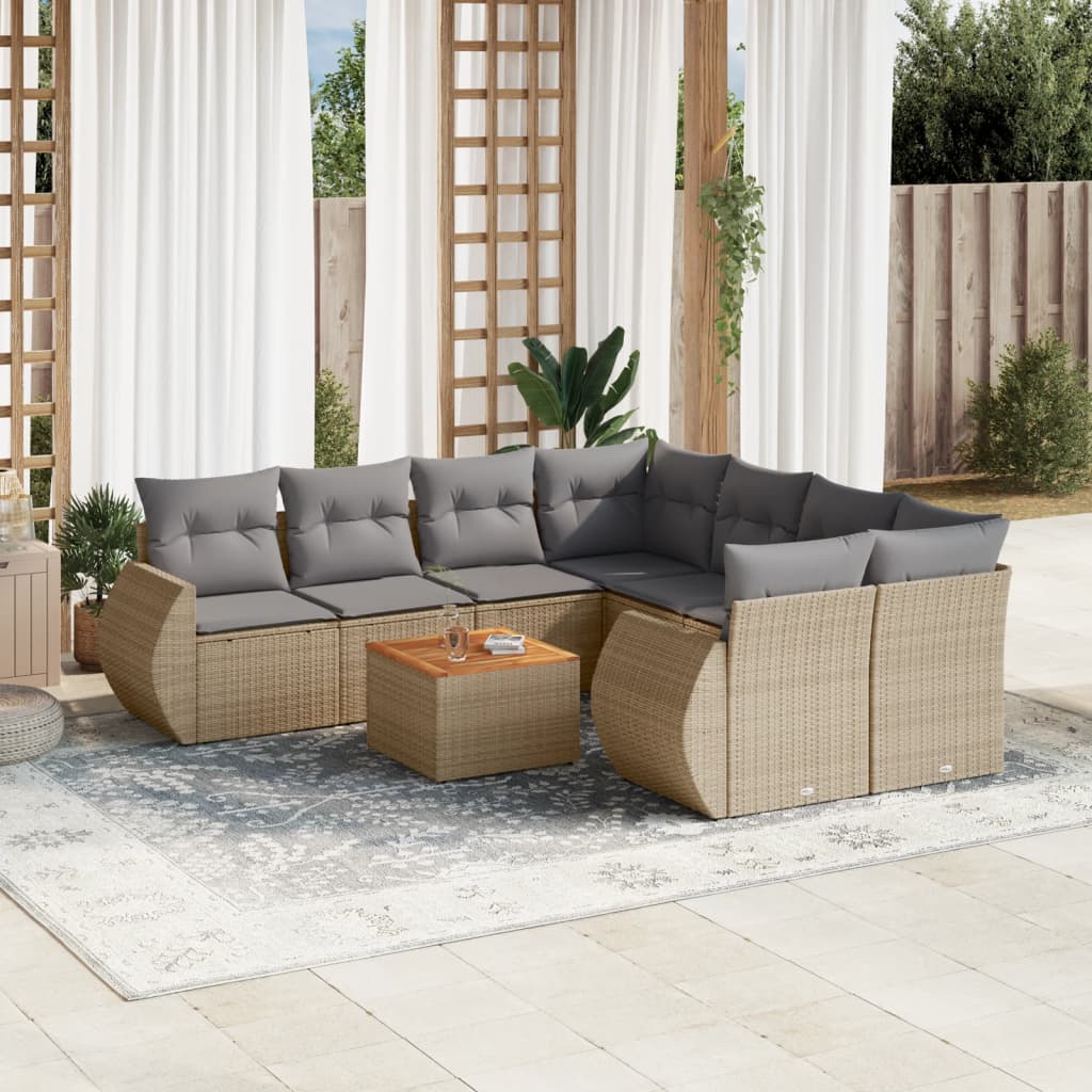 vidaXL 9-tlg. Garten-Sofagarnitur mit Kissen Beige Poly Rattan