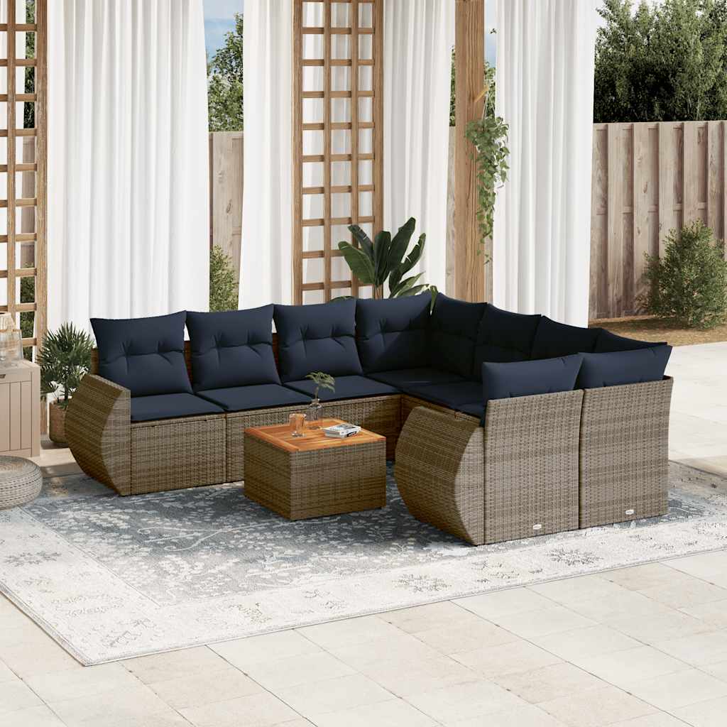 Havesofasæt i polyrattan med hynder - 9 dele, grå/marineblå