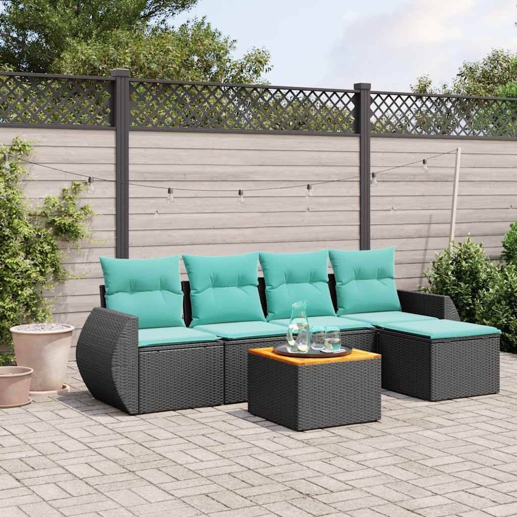 vidaXL 6-teiliges Gartensofa-Set mit Kissen, schwarzes Polyrattan