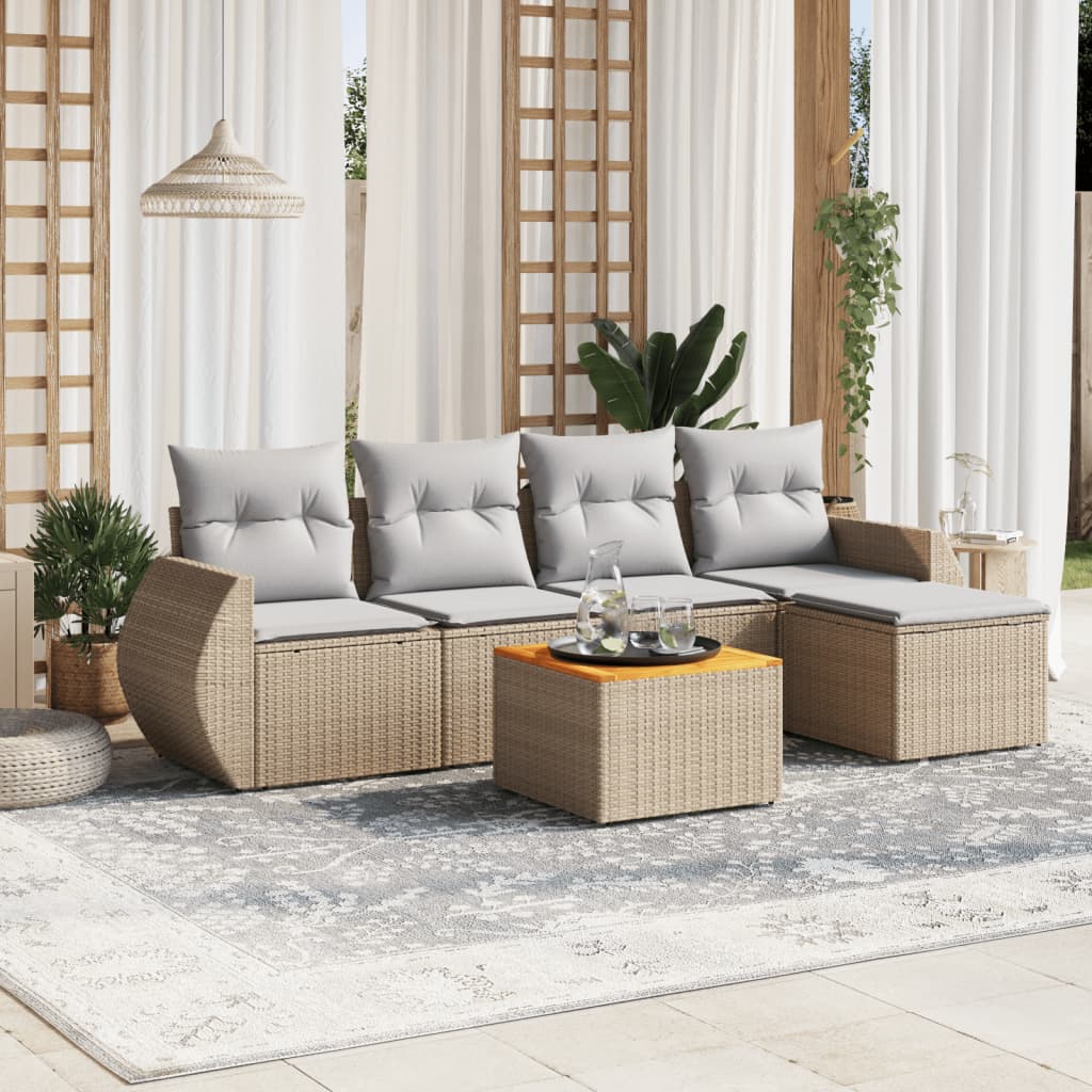 vidaXL 6-tlg. Garten-Sofagarnitur mit Kissen Beige Poly Rattan