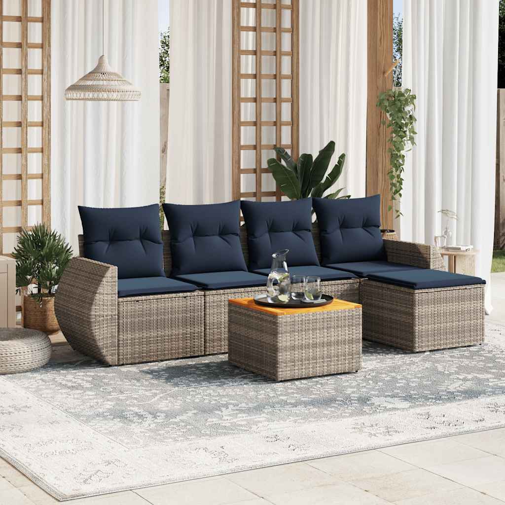 Havesofasæt 6 dele i grå polyrattan med marineblå hynder