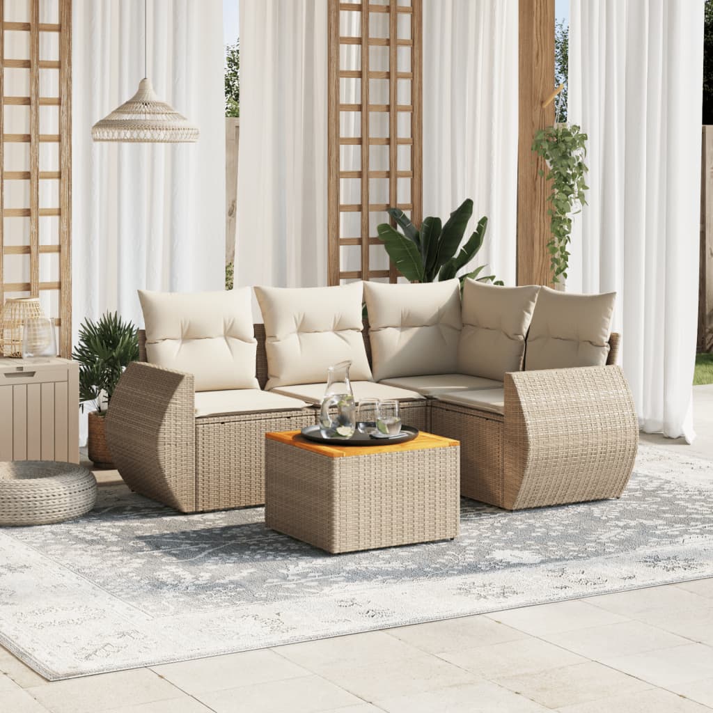 vidaXL 5-tlg. Garten-Sofagarnitur mit Kissen Beige Poly Rattan