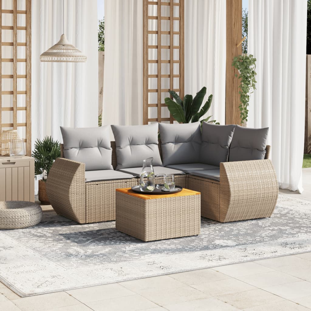 vidaXL 5-tlg. Garten-Sofagarnitur mit Kissen Beige Poly Rattan