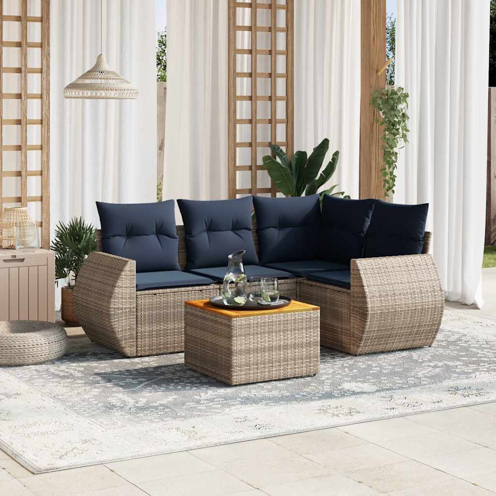 Havesofasæt i 5 dele med hynder - grå polyrattan og marineblå hynder