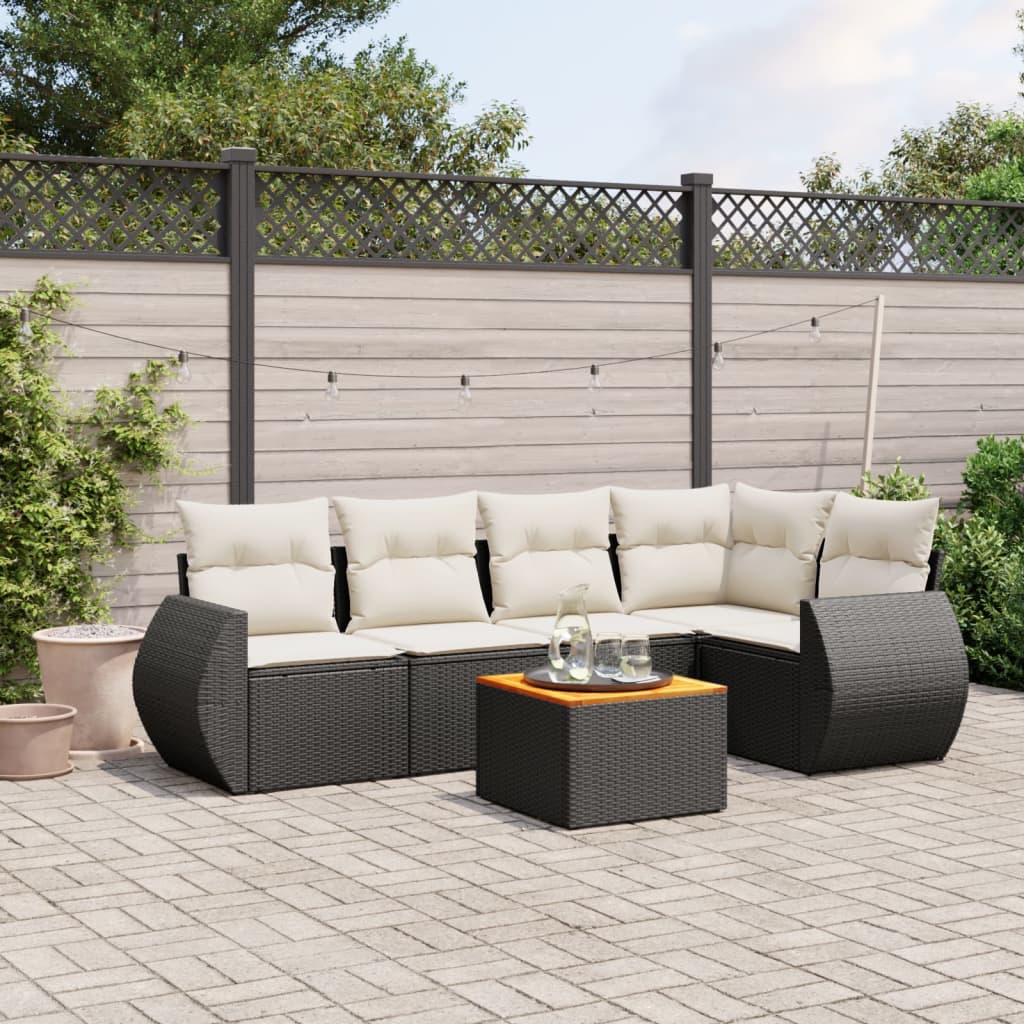 6-tlg. Garten-Sofagarnitur mit Kissen Schwarz Poly Rattan