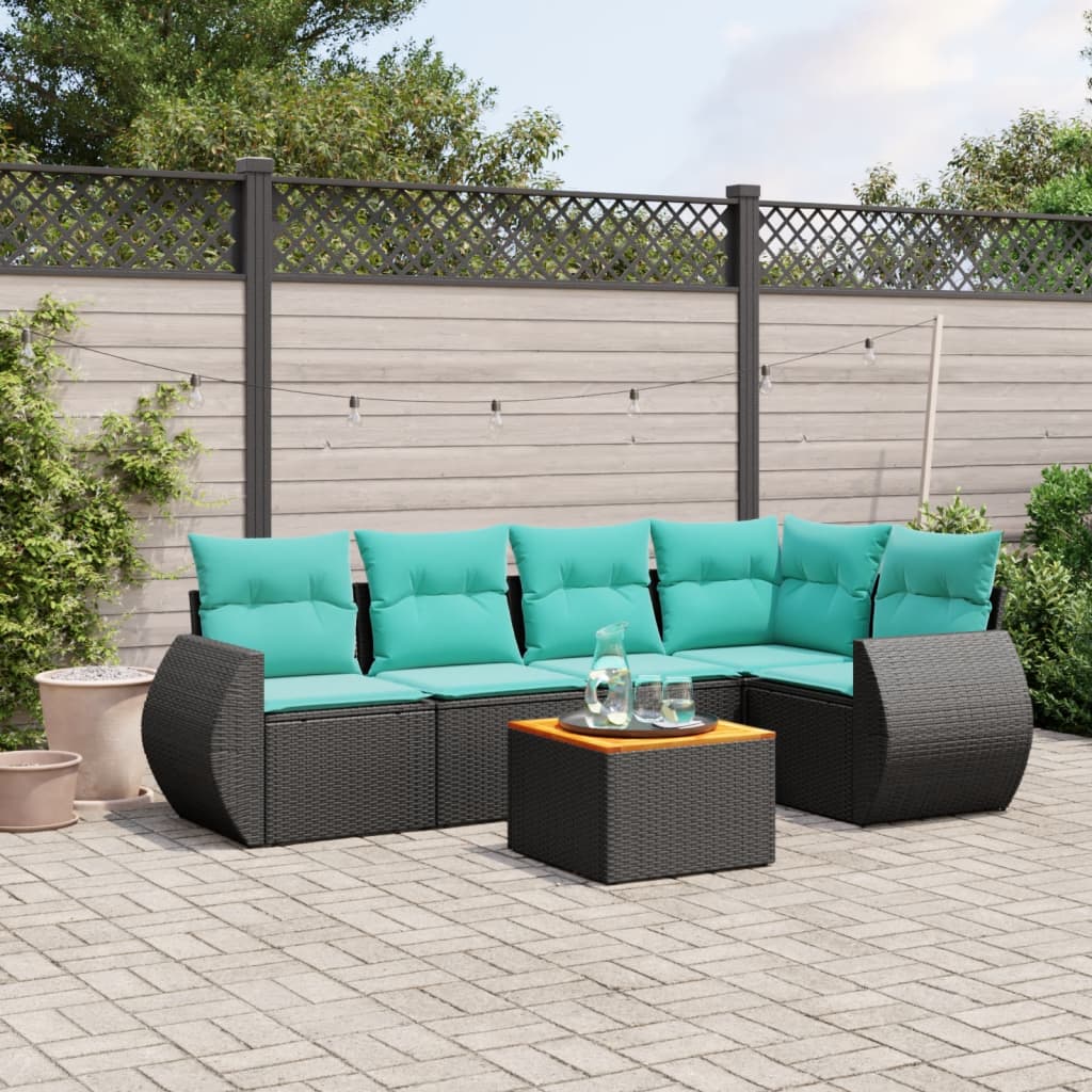 vidaXL 6-teiliges Gartensofa-Set mit Kissen, schwarzes Polyrattan
