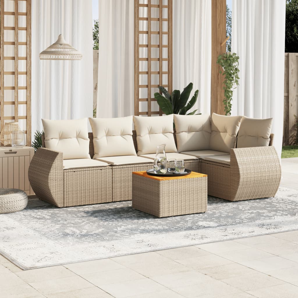 6-tlg. Garten-Sofagarnitur mit Kissen Beige Poly Rattan