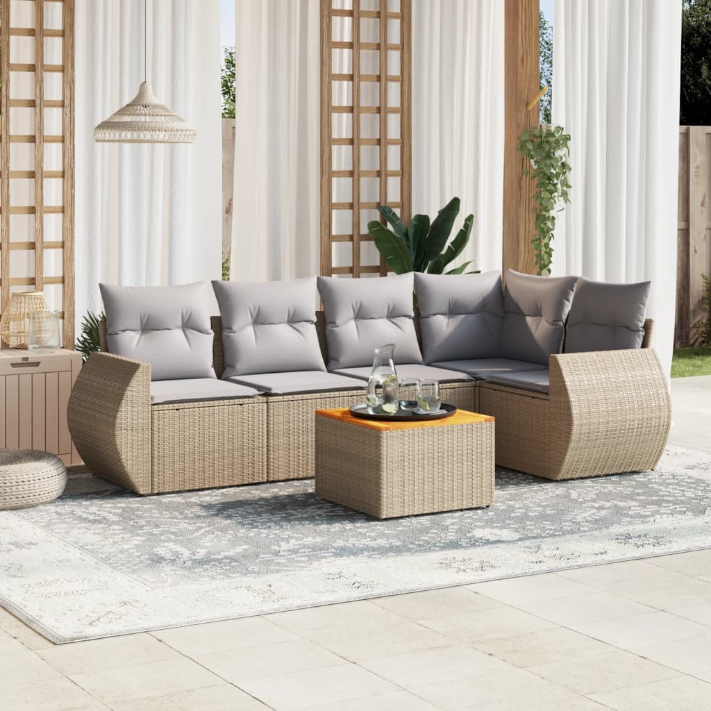 vidaXL 6-tlg. Garten-Sofagarnitur mit Kissen Beige Poly Rattan