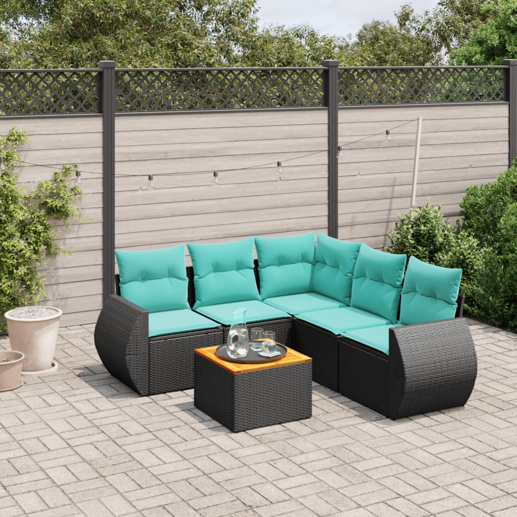 6 Piece Patio Sofa Set with Cushions Black Poly Rattan