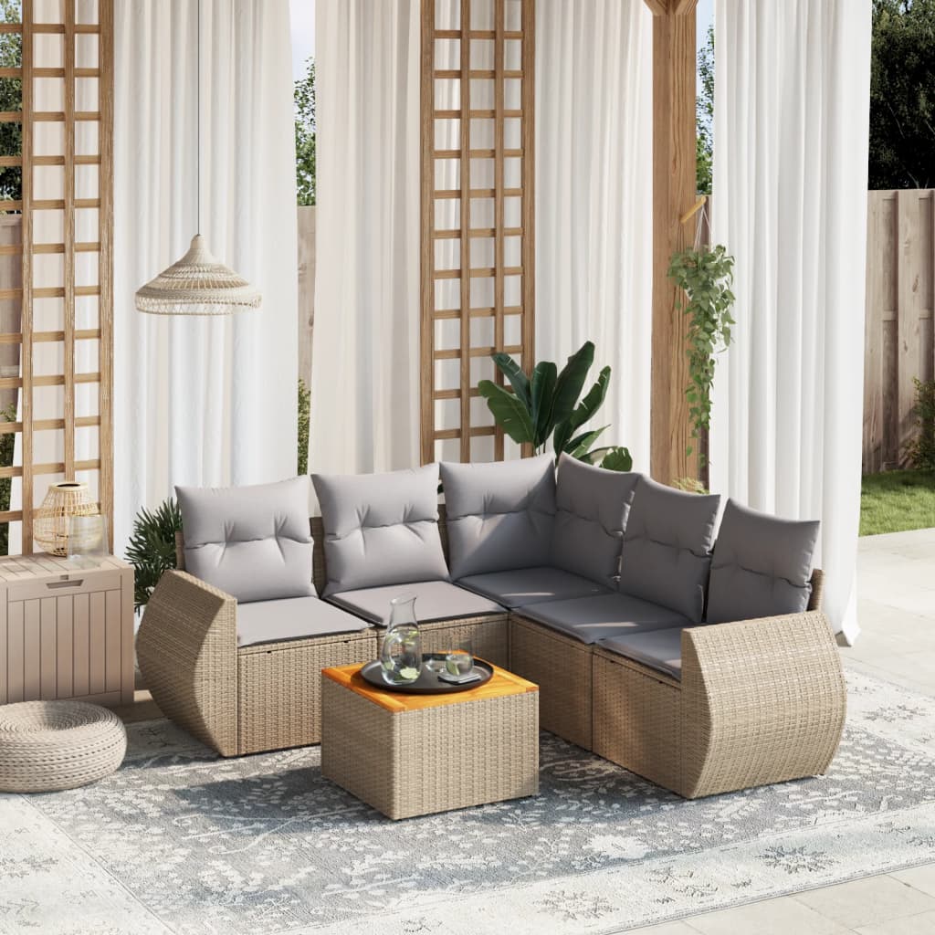 vidaXL 6-tlg. Garten-Sofagarnitur mit Kissen Beige Poly Rattan