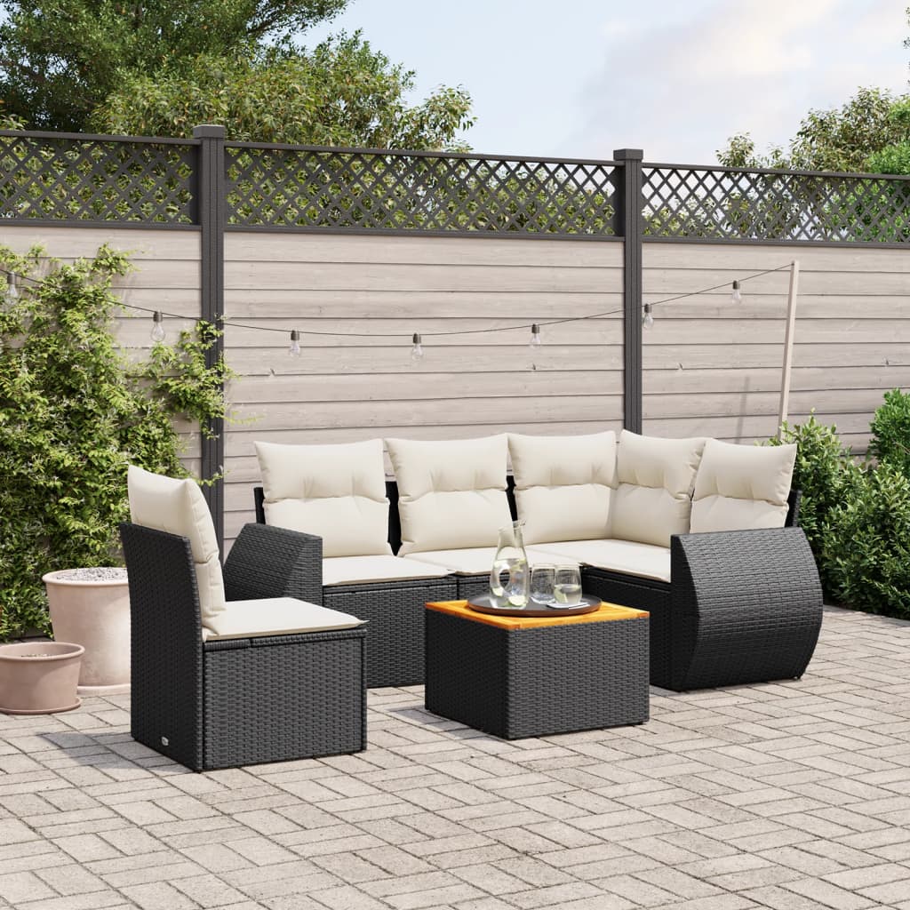 6-tlg. Garten-Sofagarnitur mit Kissen Schwarz Poly Rattan