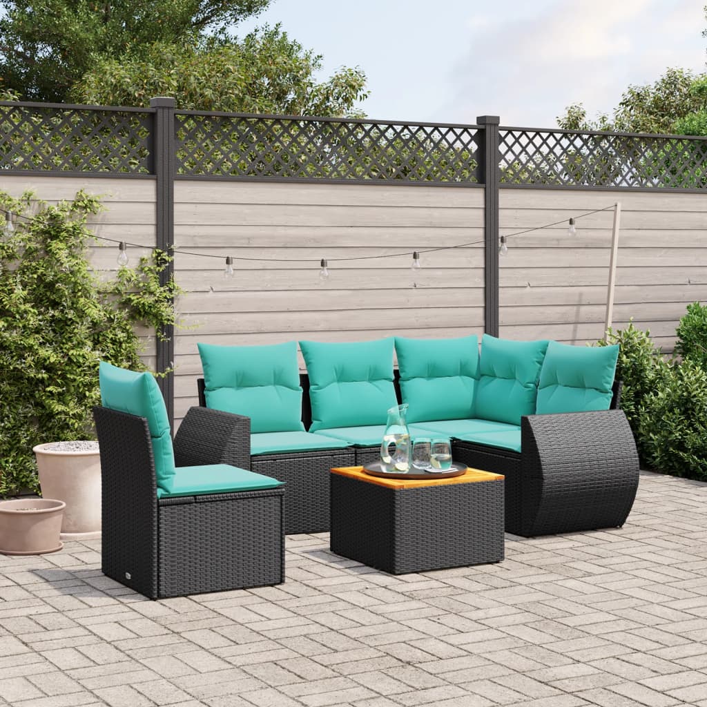 vidaXL 6-teiliges Gartensofa-Set mit Kissen, schwarzes Polyrattan
