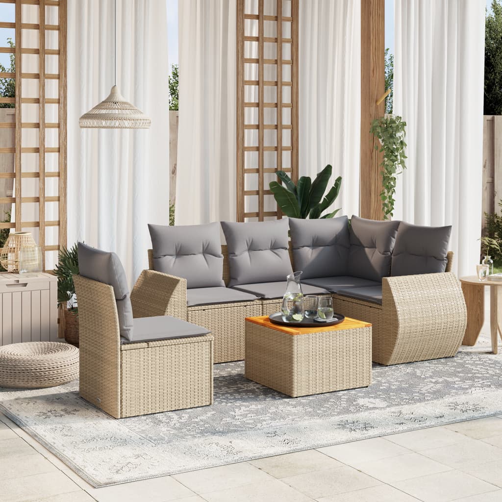 vidaXL 6-tlg. Garten-Sofagarnitur mit Kissen Beige Poly Rattan