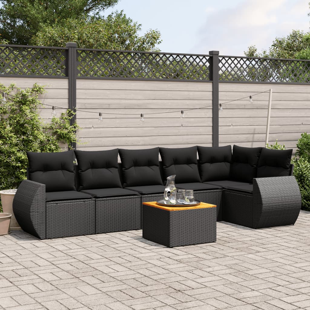 vidaXL 7-tlg. Garten-Sofagarnitur mit Kissen Schwarz Poly Rattan