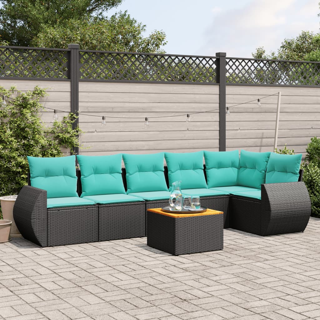 vidaXL 7-teiliges Gartensofa-Set mit Kissen, schwarzes Polyrattan