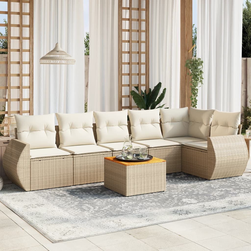 vidaXL 7-tlg. Garten-Sofagarnitur mit Kissen Beige Poly Rattan