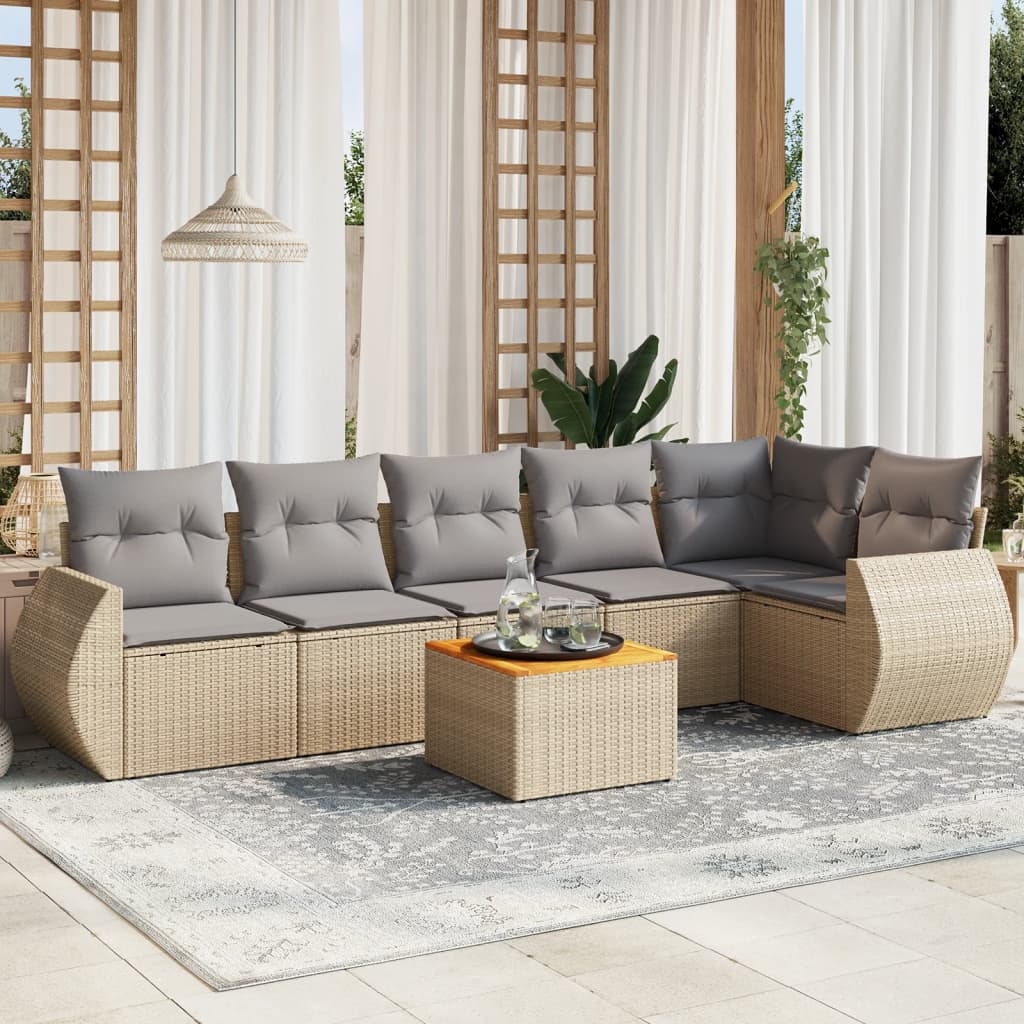 vidaXL 7-tlg. Garten-Sofagarnitur mit Kissen Beige Poly Rattan