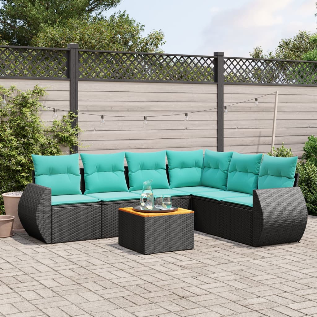 7 Piece Patio Sofa Set with Cushions Black Poly Rattan
