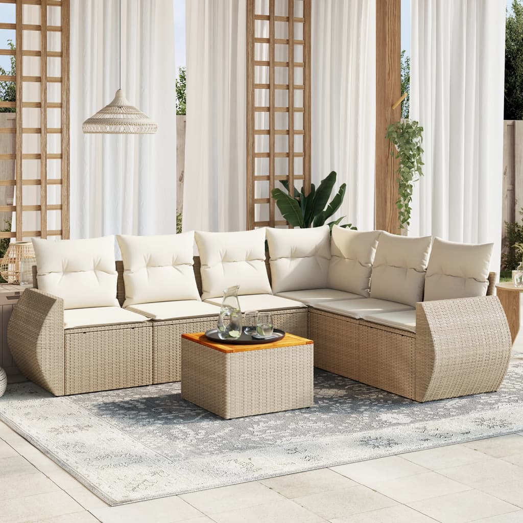 vidaXL 7-tlg. Garten-Sofagarnitur mit Kissen Beige Poly Rattan