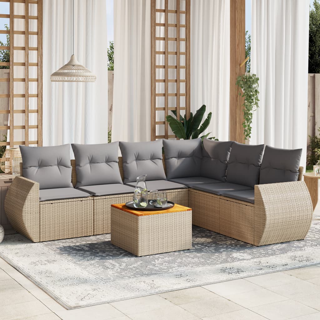 vidaXL 7-tlg. Garten-Sofagarnitur mit Kissen Beige Poly Rattan