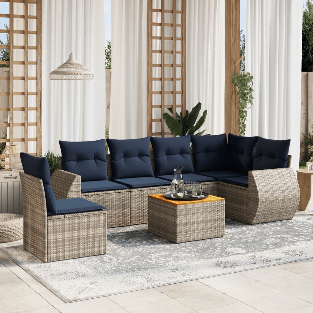 Havesofasæt i polyrattan med hynder - 7 dele, grå/marineblå